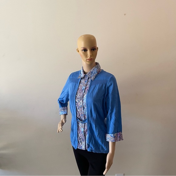 Blue Paisley Print Collared Button-front Belted Blouse - Picture 7 of 10